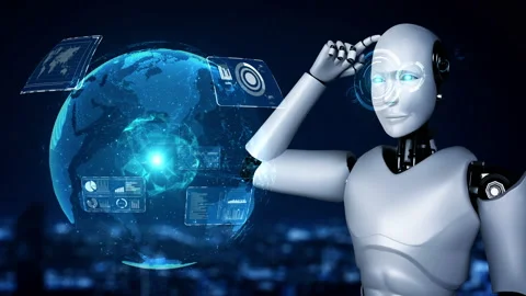 Thinking AI hominoid robot analyzing hologram screen shows concept of network Stock Footage 207159368