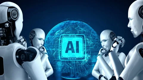 Thinking AI hominoid robot analyzing hologram screen showing concept of AI Stock Footage 216284789