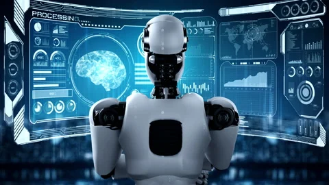 Thinking AI hominoid robot analyzing hologram screen showing concept of AI Stock Footage 219227261