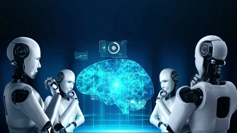 Thinking AI hominoid robot analyzing hologram screen showing concept of AI Stock Footage 221644333