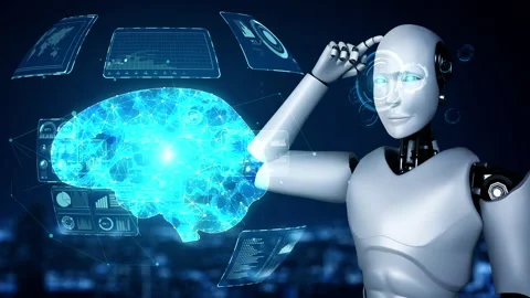 Thinking AI hominoid robot analyzing hologram screen showing concept of AI Stock Footage 223567036