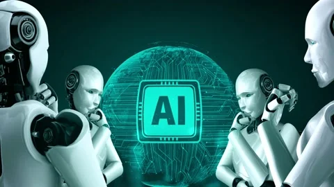 Thinking AI hominoid robot analyzing hologram screen showing concept of AI Stock Footage 231012360