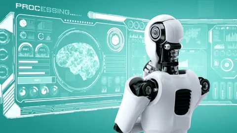 Thinking AI hominoid robot analyzing hologram screen showing concept of AI Stock Footage 231092662