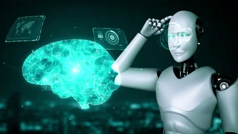 Thinking AI hominoid robot analyzing hologram screen showing concept of AI Stock Footage 232250135