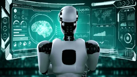 Thinking AI hominoid robot analyzing hologram screen showing concept of AI Stock Footage 232903271