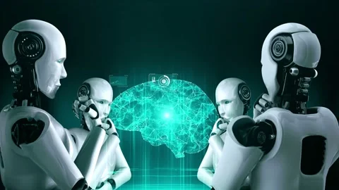 Thinking AI hominoid robot analyzing hologram screen showing concept of AI Stock Footage 232963595