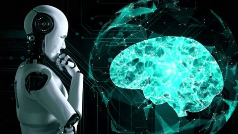 Thinking AI hominoid robot analyzing hologram screen showing concept of AI Stock Footage 233484642
