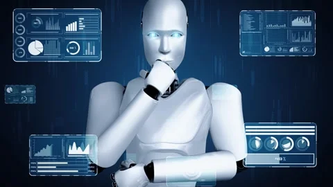 Thinking AI hominoid robot analyzing hologram screen showing concept big data Stock Footage 310746182