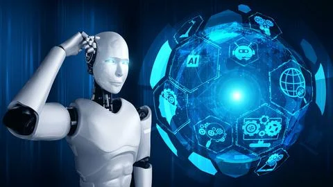 Thinking AI hominoid robot analyzing hologram screen shows concept of network Stock Illustration