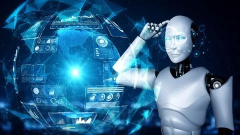 Thinking AI hominoid robot analyzing hologram screen shows concept of network 스톡 일러스트