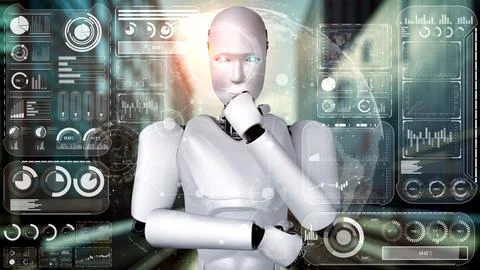 Thinking AI hominoid robot analyzing hologram screen showing concept big data Stock Illustration