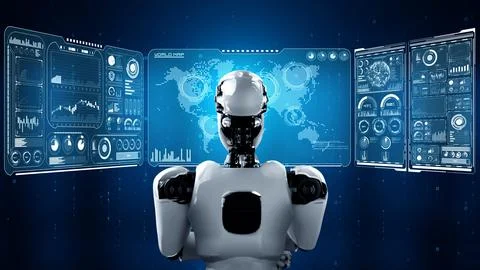 Thinking AI hominoid robot analyzing hologram screen showing concept big data Stock Illustration