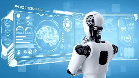 Thinking AI hominoid robot analyzing hologram screen showing concept of AI Stock Illustration