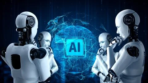 Thinking AI hominoid robot analyzing hologram screen showing concept of AI Stock Illustration