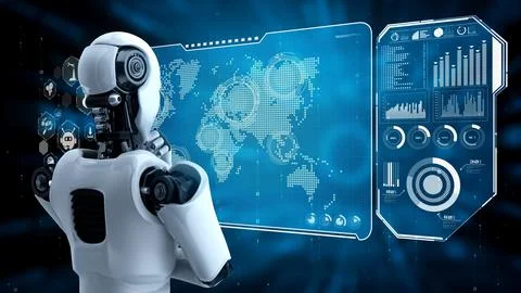 Thinking AI hominoid robot analyzing hologram screen shows concept of network 스톡 일러스트