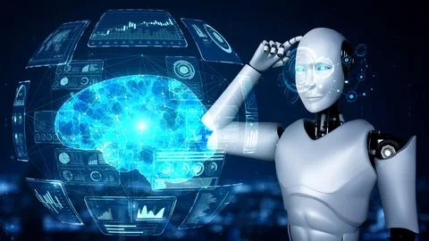 Thinking AI hominoid robot analyzing hologram screen showing concept of AI 스톡 일러스트