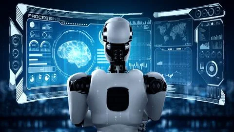 Thinking AI hominoid robot analyzing hologram screen showing concept of AI 스톡 일러스트