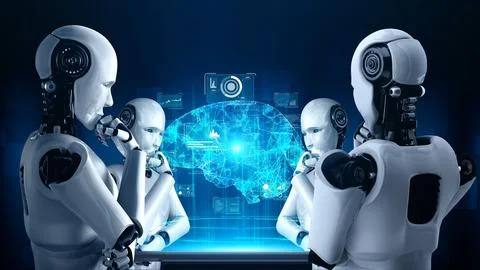Thinking AI hominoid robot analyzing hologram screen showing concept of AI Stock Illustration