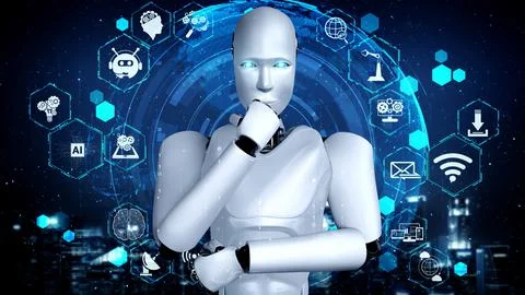 Thinking AI hominoid robot analyzing hologram screen shows concept of network 스톡 일러스트