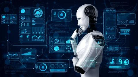 Thinking AI hominoid robot analyzing hologram screen showing concept big data Stock Illustration