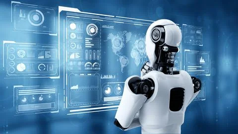Thinking AI hominoid robot analyzing hologram screen showing concept big data Illustrazione stock