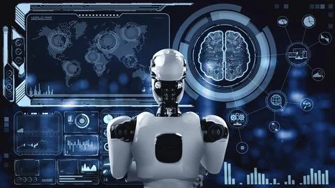 Thinking AI hominoid robot analyzing hologram screen showing concept big data 스톡 일러스트