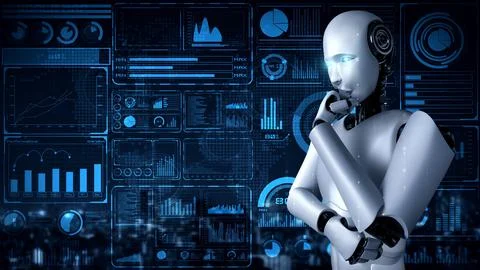 Thinking AI hominoid robot analyzing hologram screen showing concept big data Illustrazione stock