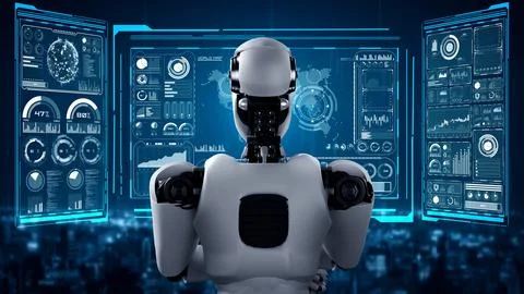 Thinking AI hominoid robot analyzing hologram screen showing concept big data Stock Illustration
