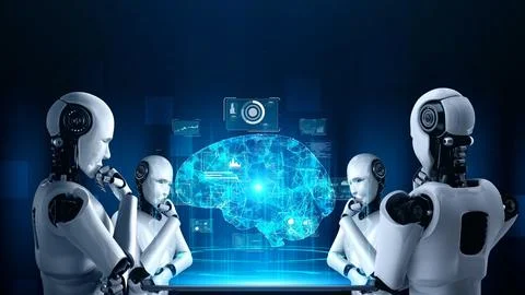 Thinking AI hominoid robot analyzing hologram screen showing concept of AI Illustrazione stock
