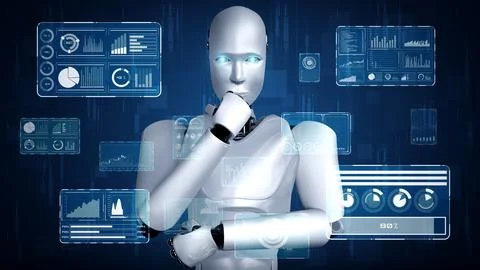 Thinking AI hominoid robot analyzing hologram screen showing concept big data Illustrazione stock