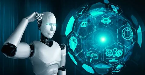 Thinking AI hominoid robot analyzing hologram screen shows concept of network 스톡 일러스트