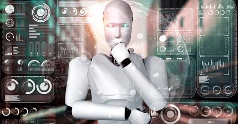 Thinking AI hominoid robot analyzing hologram screen showing concept big data Illustrazione stock