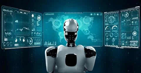 Thinking AI hominoid robot analyzing hologram screen showing concept big data 스톡 일러스트