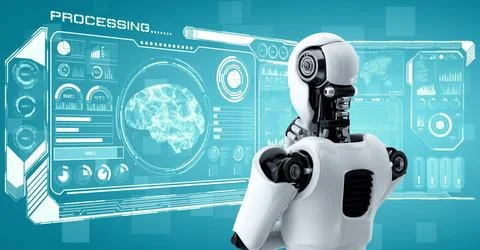 Thinking AI hominoid robot analyzing hologram screen showing concept of AI Illustrazione stock