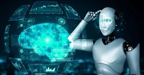 Thinking AI hominoid robot analyzing hologram screen showing concept of AI Stock Illustration