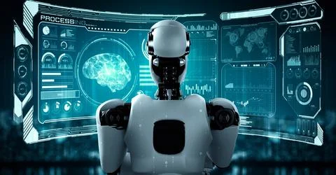 Thinking AI hominoid robot analyzing hologram screen showing concept of AI Illustrazione stock