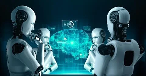Thinking AI hominoid robot analyzing hologram screen showing concept of AI Stock Illustration