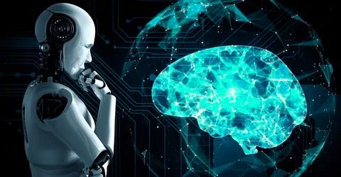 Thinking AI hominoid robot analyzing hologram screen showing concept of AI 스톡 일러스트