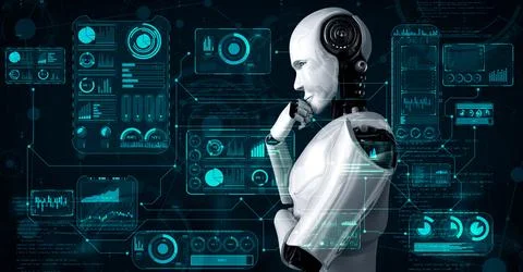Thinking AI hominoid robot analyzing hologram screen showing concept big data Illustrazione stock