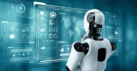 Thinking AI hominoid robot analyzing hologram screen showing concept big data 스톡 일러스트
