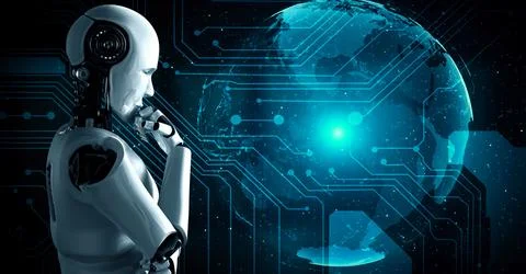Thinking AI hominoid robot analyzing hologram screen shows concept of network 스톡 일러스트