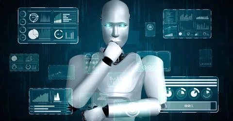 Thinking AI hominoid robot analyzing hologram screen showing concept big data Stock Illustration