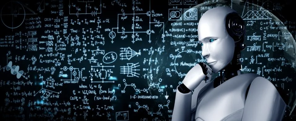 Thinking AI humanoid robot analyzing screen of mathematics formula and science Stockillustratie