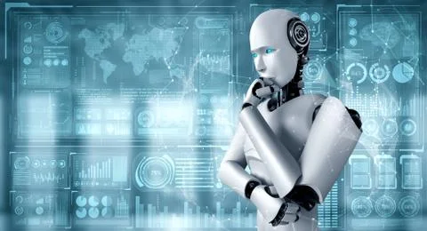 Thinking AI humanoid robot analyzing hologram screen showing concept big data 스톡 일러스트