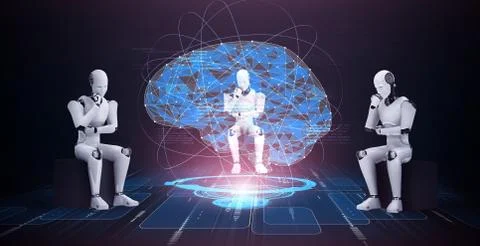Thinking AI humanoid robot analyzing hologram screen showing concept of AI 스톡 일러스트