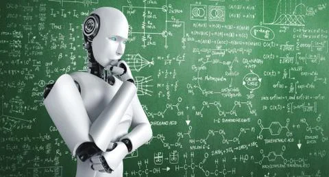 Thinking AI humanoid robot analyzing screen of mathematics formula and science Illustrazione stock