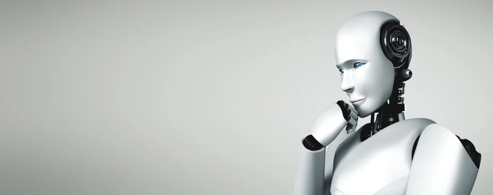 Thinking AI humanoid robot analyzing information data 库存插图
