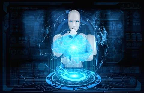 Thinking AI humanoid robot analyzing hologram screen showing concept of AI Stock Illustration