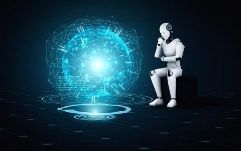 Thinking AI humanoid robot analyzing hologram screen shows concept of network Illustrazione stock