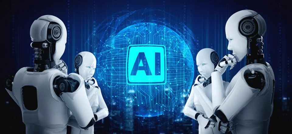 Thinking AI humanoid robot analyzing hologram screen showing concept of AI Stock Illustration